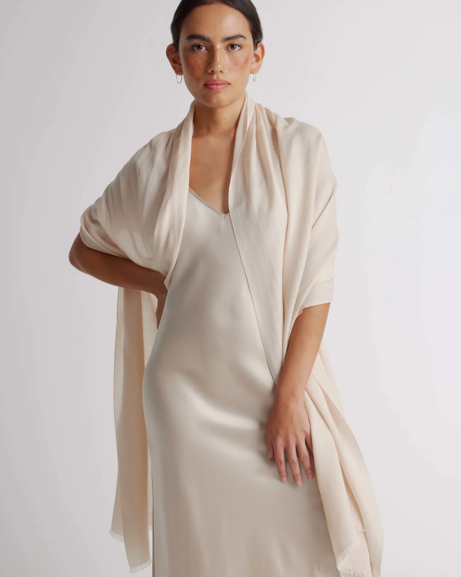 Featherweight Cashmere Silk Frayed Edge Scarf (Ivory)