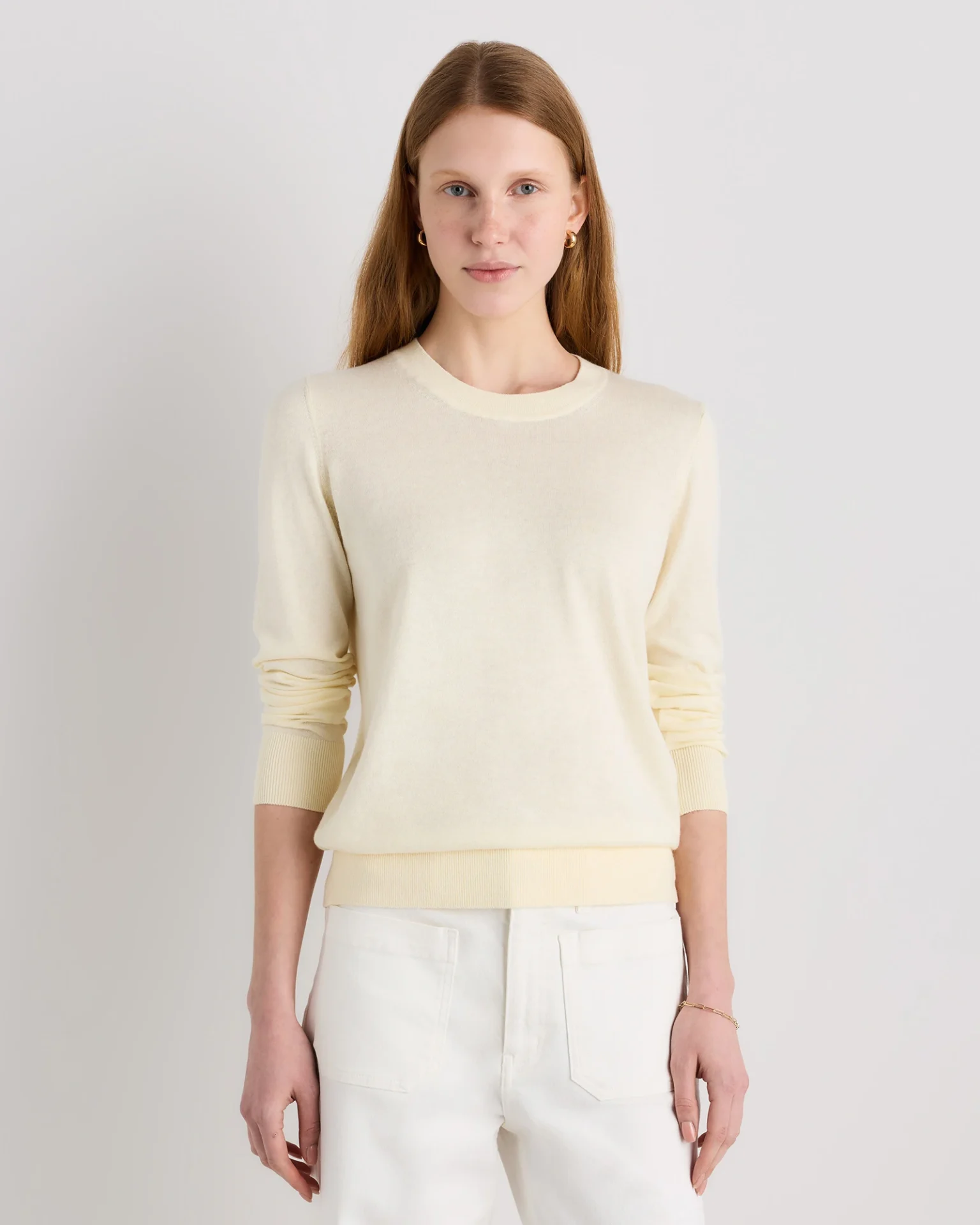 Lightweight Cotton Cashmere Crew Sweater (Pale Custard Yellow)