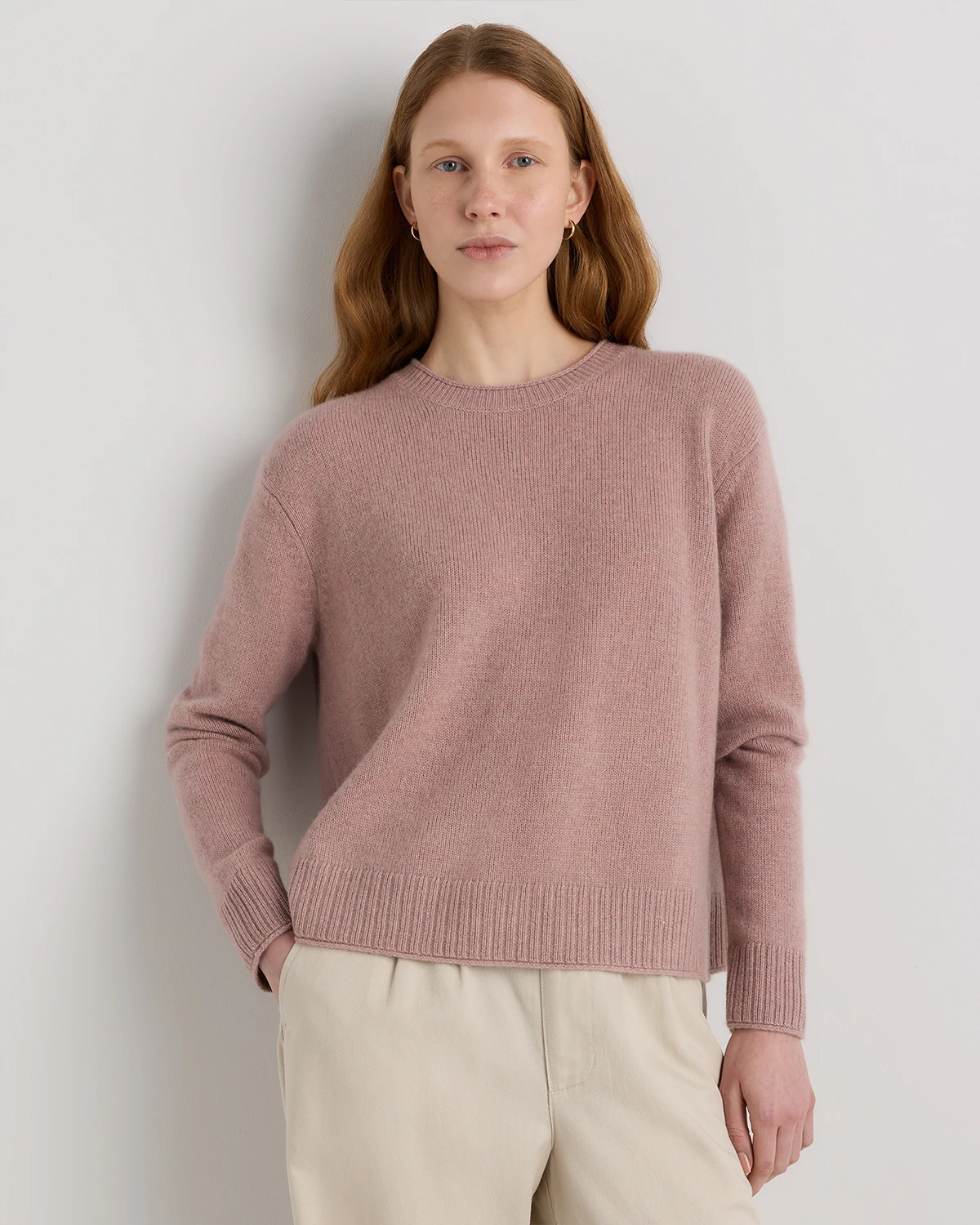 Mongolian Cashmere Boxy Crewneck Sweater (Heather Vintage Pink)