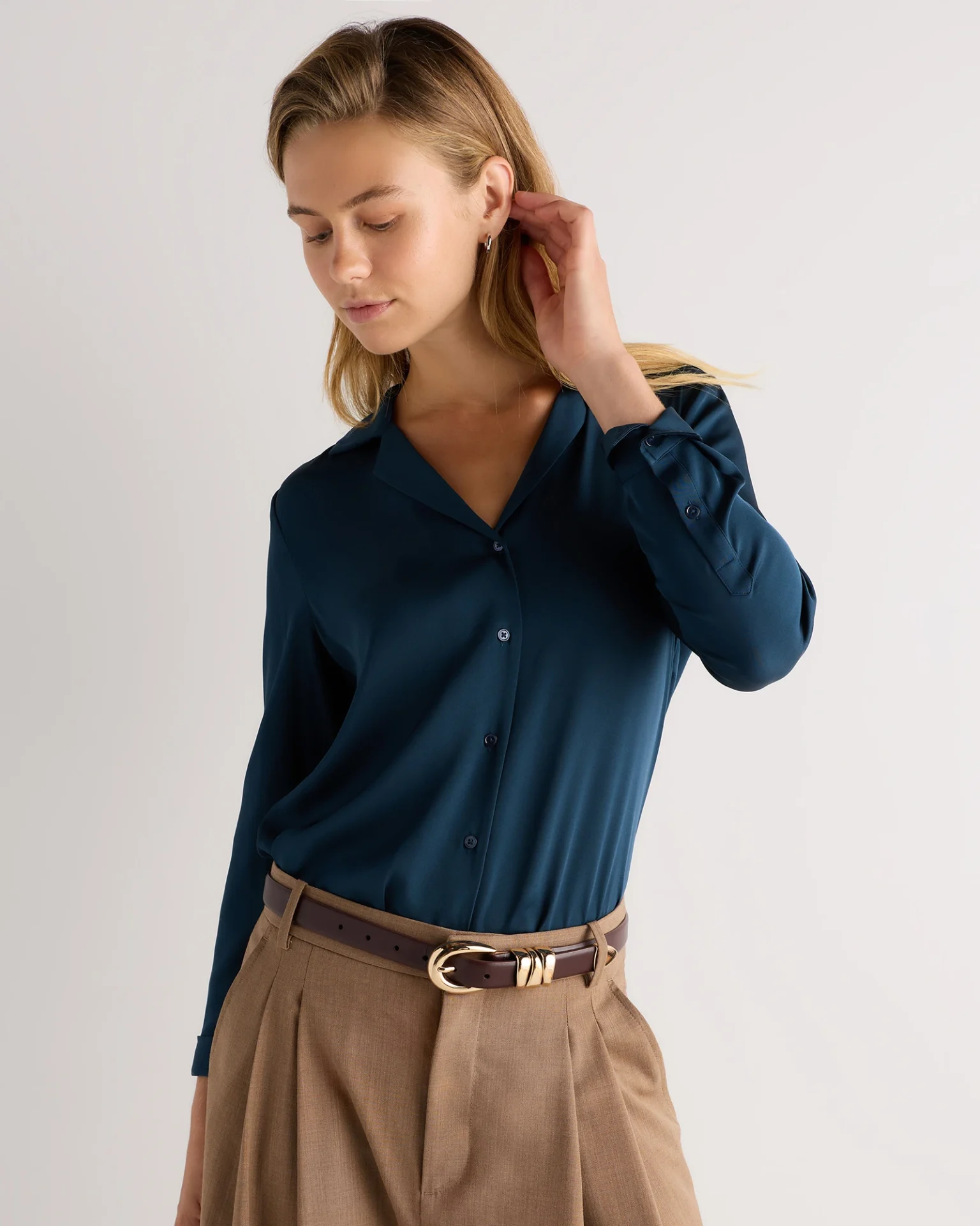 Washable Stretch Silk Notch Collar Blouse (Stratus Blue)