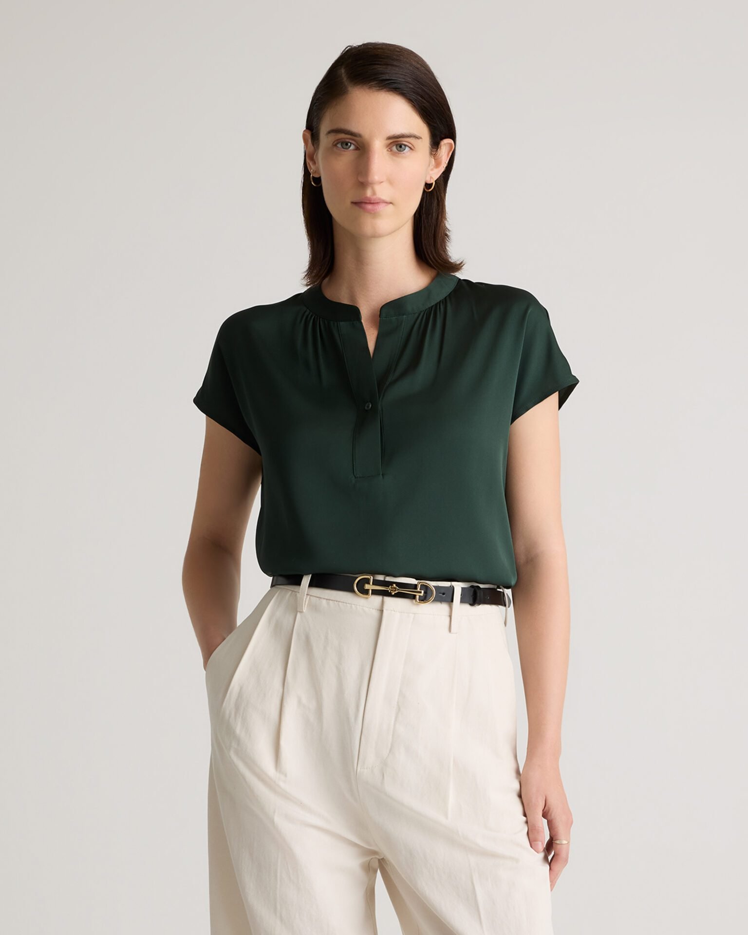 Washable Stretch Silk Dolman Sleeve Blouse (Forest Green)