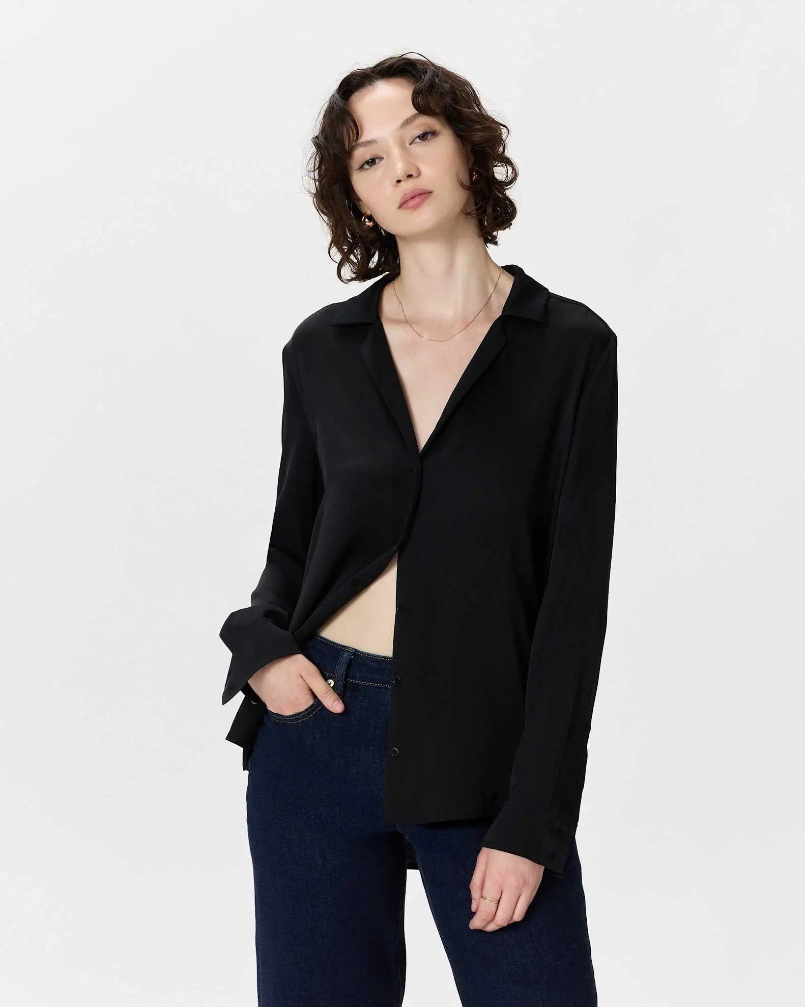 Washable Stretch Silk Notch Collar Blouse