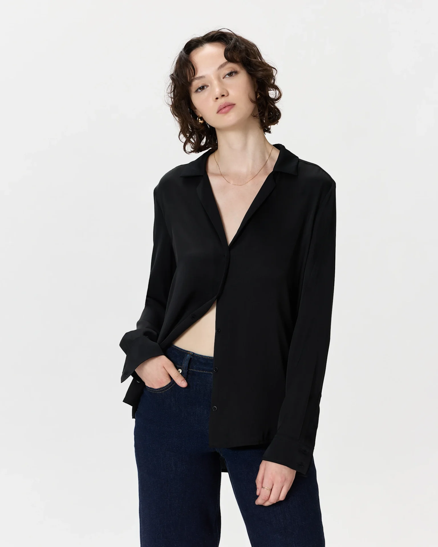 Washable Stretch Silk Notch Collar Blouse (Black)