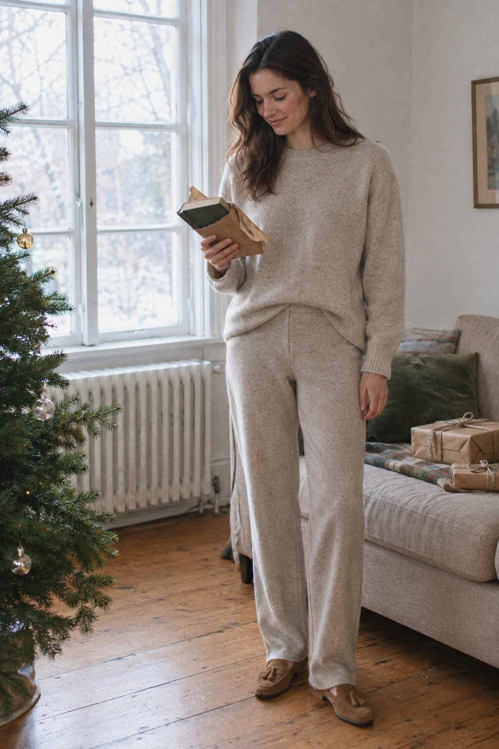 understated christmas outfit: oatmeal cashmere crewneck sweater with matching wool-cashmere knit pants and camel suede loafers on Christmas morning