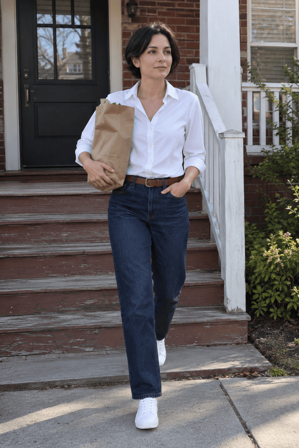elegant outfit with clothes you already own: white button-down shirt tucked into dark denim jeans with a cognac leather belt