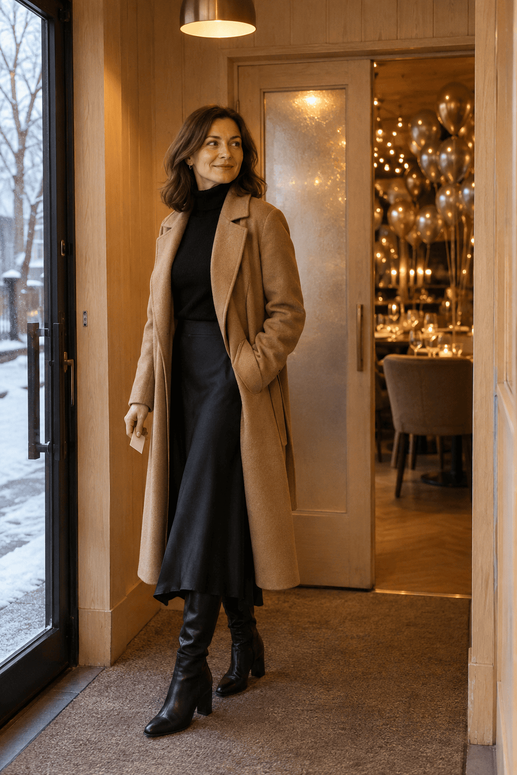classy new years eve outfit: camel wool wrap coat over a black cashmere turtleneck, black satin bias midi skirt and black leather knee boots