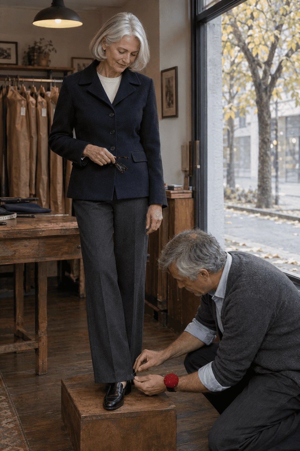 how to dress over 60 without looking outdated: silver-haired woman in a tailored navy coat and perfectly hemmed trousers