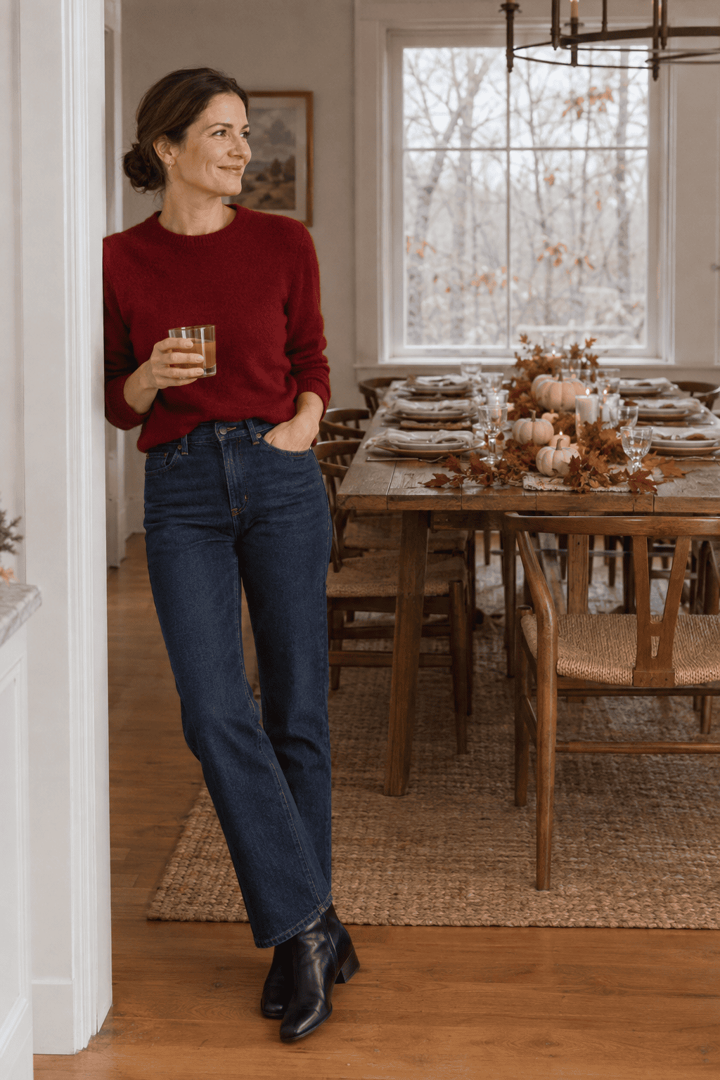 Thanksgiving dinner outfit from a holiday capsule wardrobe: deep red cashmere crewneck, dark indigo straight jeans and black leather ankle boots