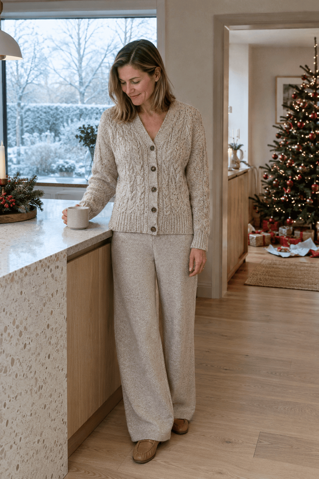 christmas outfits women over 40: speckled beige cable cardigan, light beige knit wide-leg pants and tan leather loafers on Christmas morning