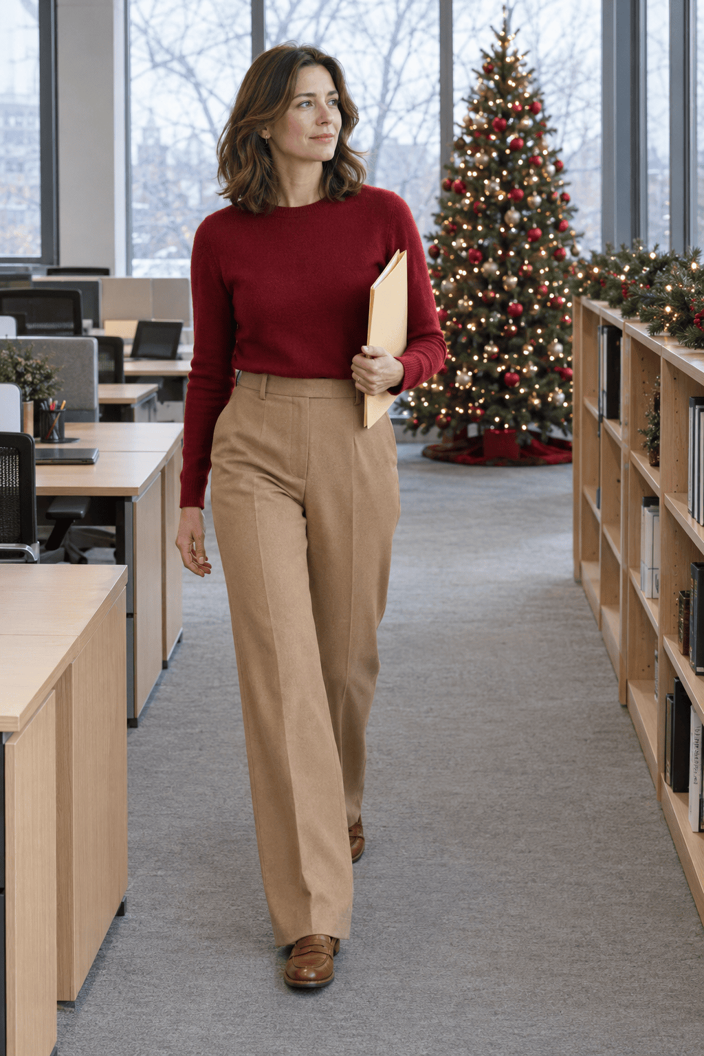 how to style a red sweater for the office holiday party: red cashmere crewneck tucked into high-waisted camel straight-leg wool trousers with cognac penny loafers