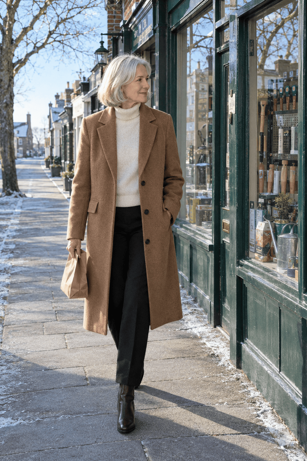 winter capsule wardrobe for women over 60: camel wool coat over a cream cashmere turtleneck, black straight pants and chocolate leather tall boots
