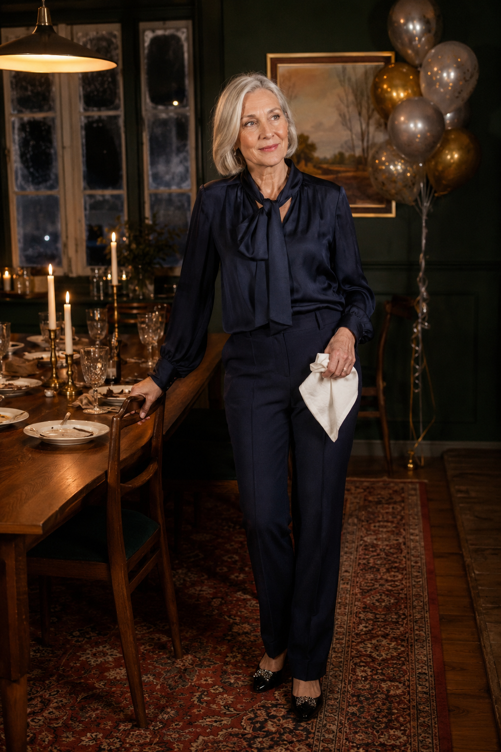 new years eve outfits for women over 60: silver-haired woman in a navy silk tie-neck blouse, navy straight trousers and black velvet jeweled bow flats