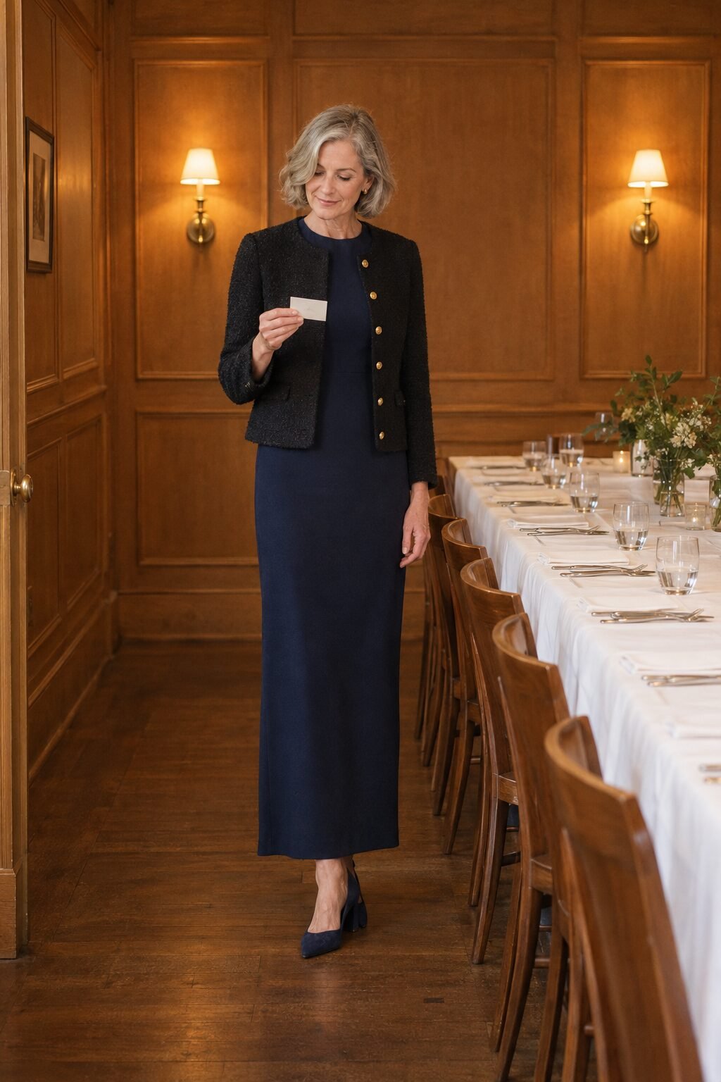 mother of the groom rehearsal dinner outfit: long navy column dress with a cropped black tweed jacket and navy suede block-heel pumps