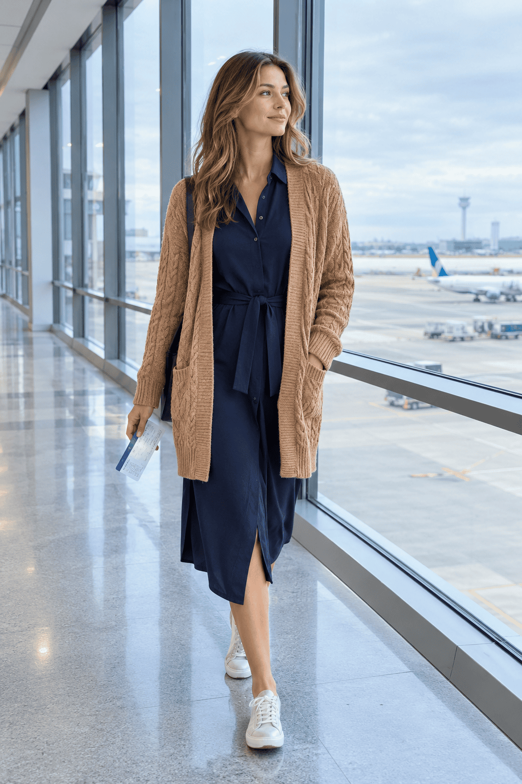 wrinkle resistant navy travel dress styled with an oversized camel cardigan for flight day