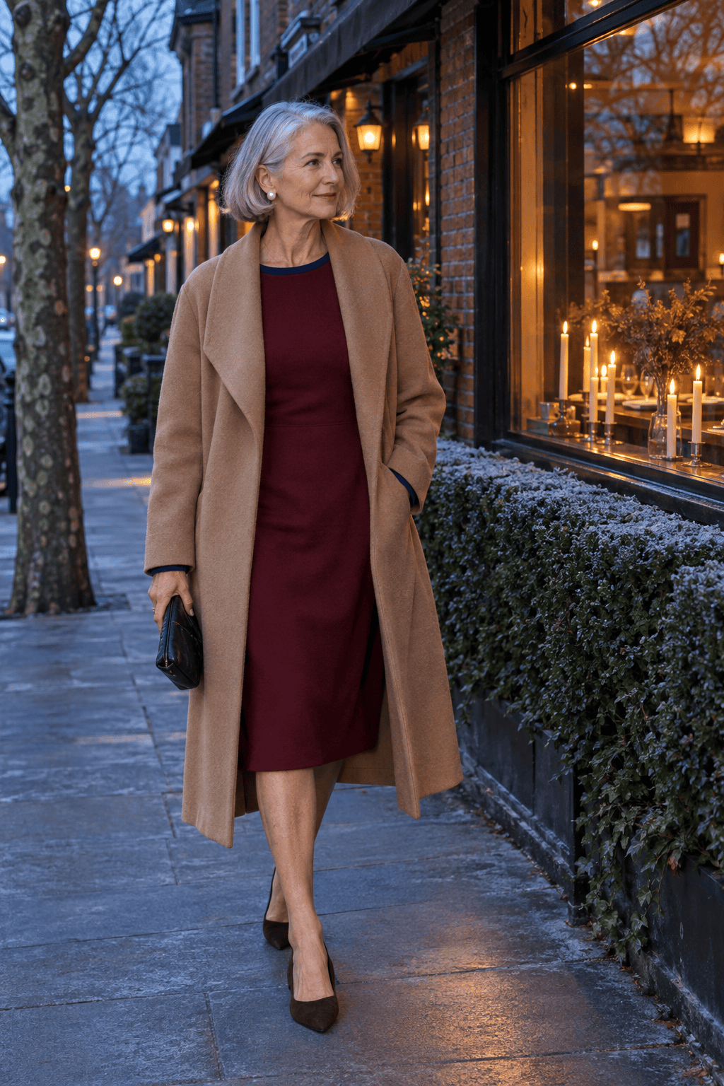 valentines day outfit for women over 60: dark cherry long-sleeve midi dress, caramel wrap coat, pearl studs and brown suede pumps for an anniversary dinner