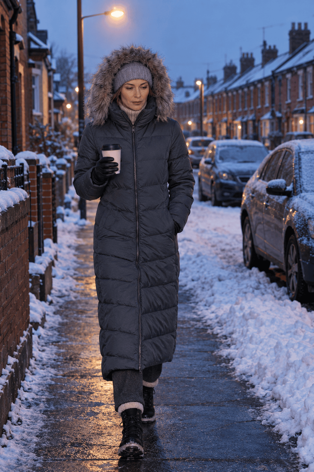 warm winter outfit for freezing days: ankle-length grey hooded down coat, oatmeal cashmere turtleneck, charcoal trousers and lace-up snow boots
