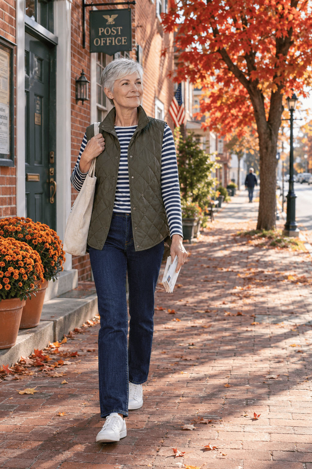 casual outfit for women over 60: olive quilted vest over a navy Breton stripe tee with dark straight jeans and white leather sneakers