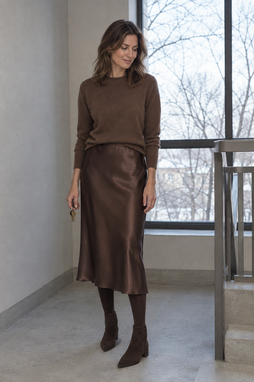 how to style ankle boots in winter: deep chocolate silk bias midi skirt with a coffee cashmere crewneck, brown tights and chocolate suede block-heel ankle boots