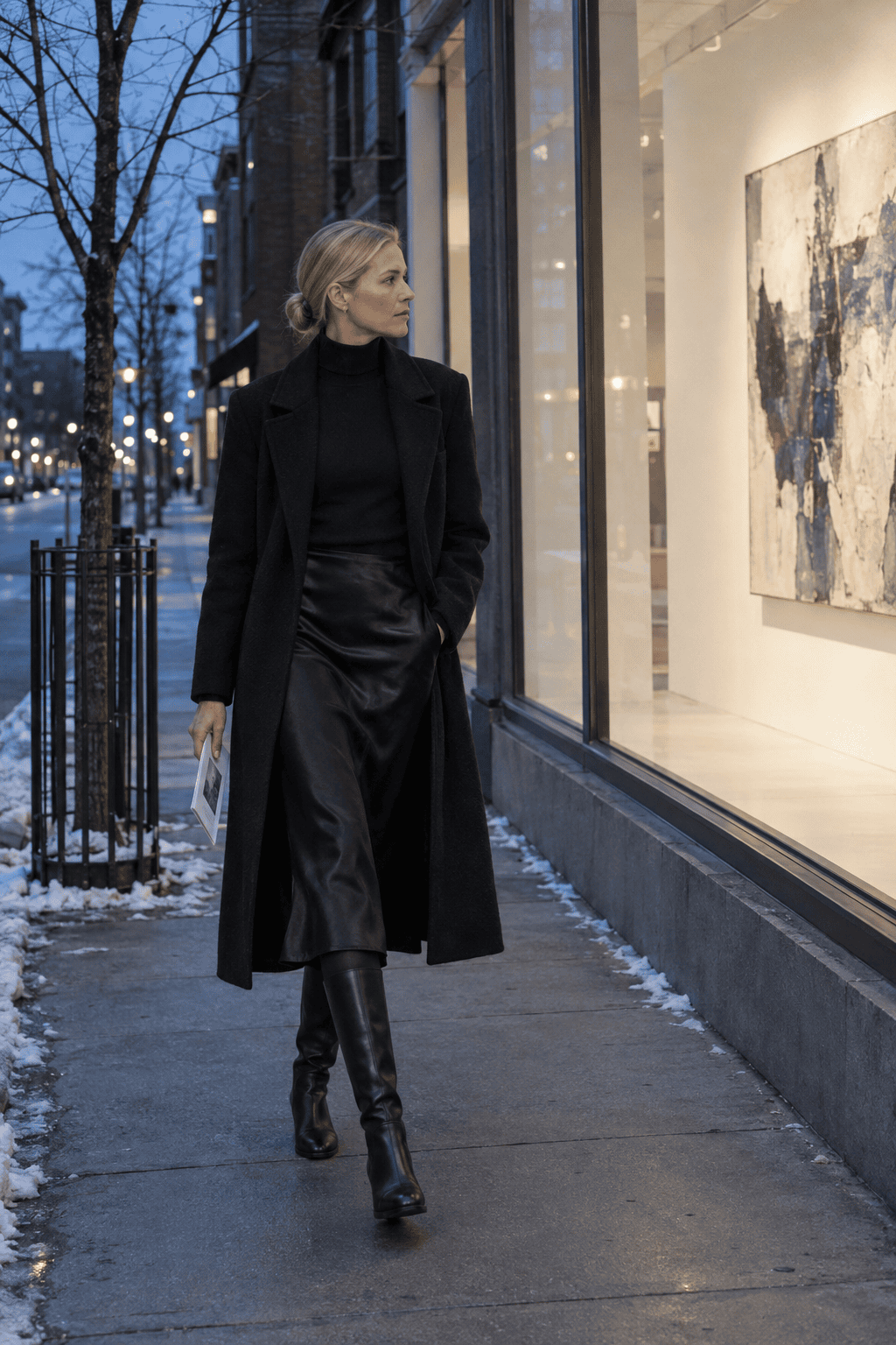 Carolyn Bessette winter outfit: long black wool coat, black cashmere turtleneck, black silk slip skirt, opaque tights and black leather knee boots