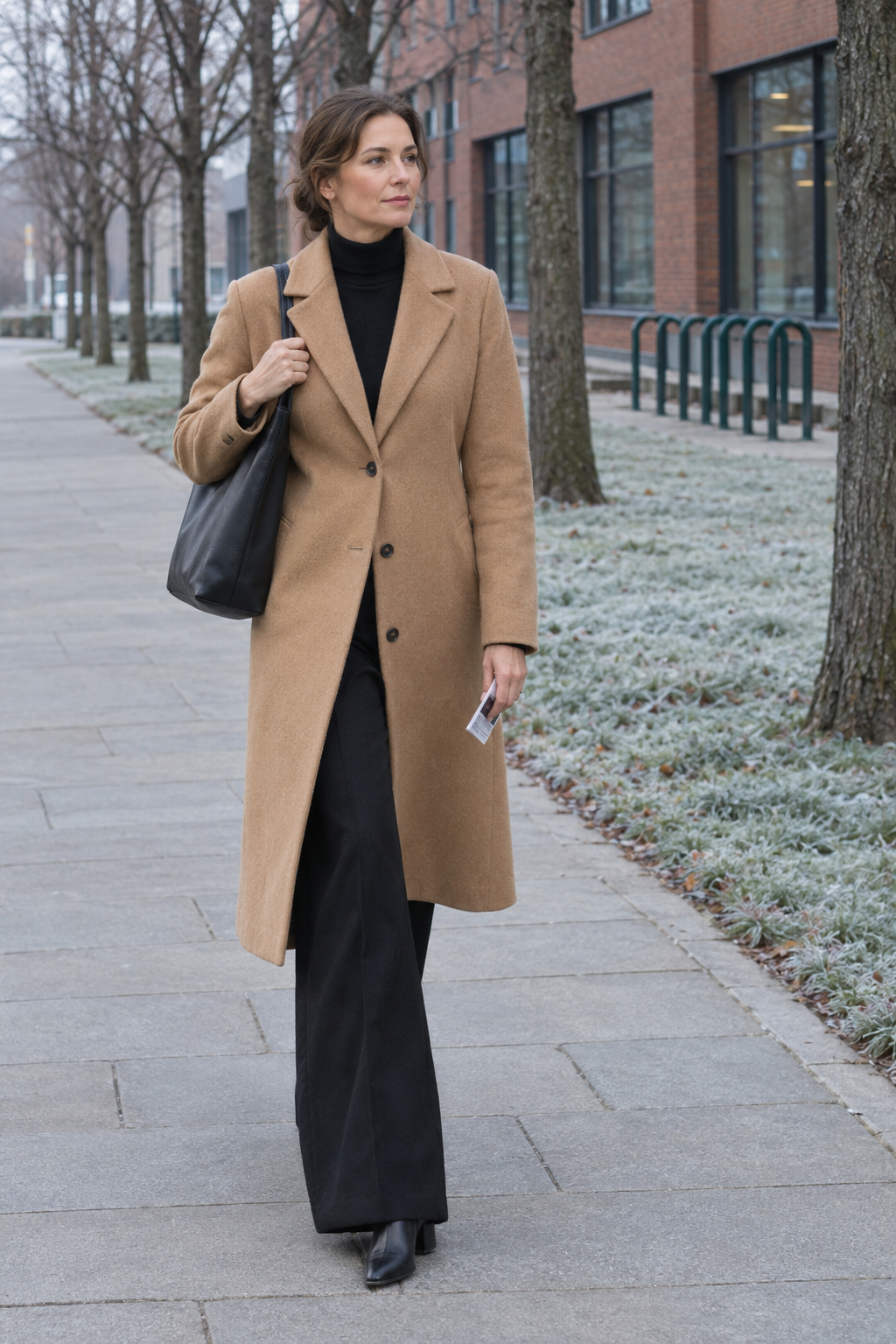 winter capsule wardrobe office outfit: camel mid-calf coat over black cashmere turtleneck, black wide-leg wool trousers, black knee boots and black leather tote