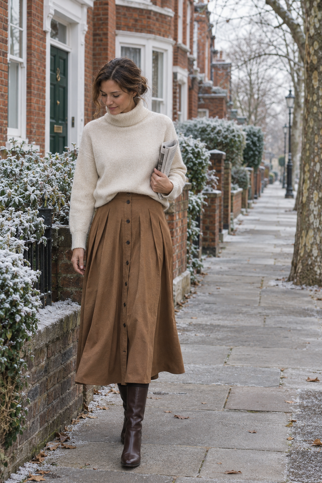 how to style a long skirt in winter: caramel-brown pleated button-front maxi skirt with a cream boxy cashmere turtleneck and dark brown leather knee-high boots