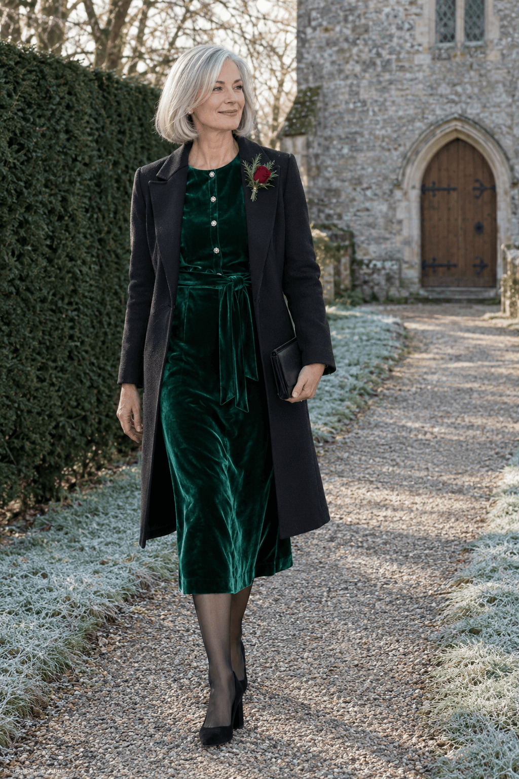 mother of the bride winter wedding outfit: emerald velvet long-sleeve midi dress, black tailored wool coat, black suede block-heel pumps and black satin clutch