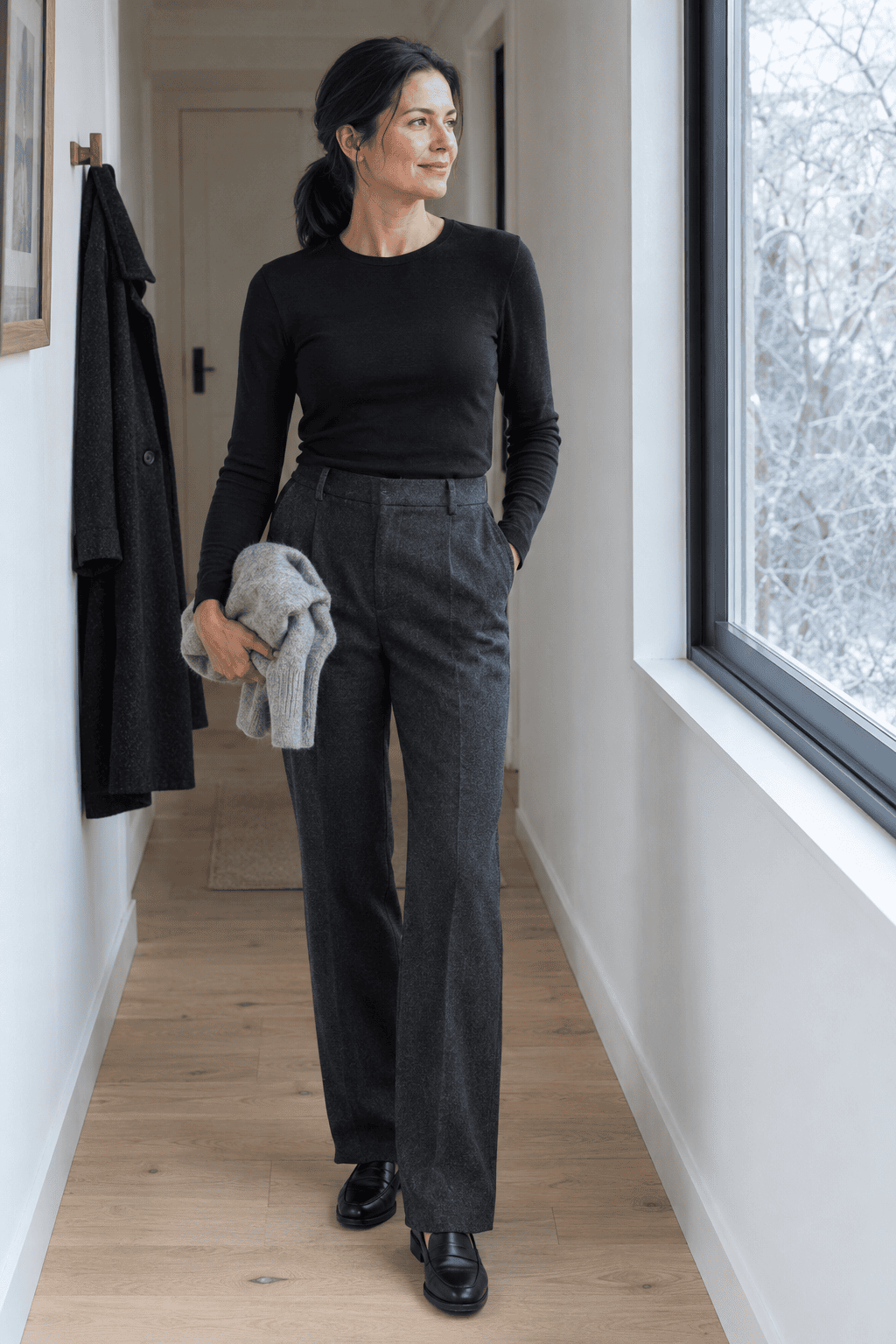 thin black thermal base layer tee tucked into charcoal trousers, the first layer for dressing warm in winter without looking bulky