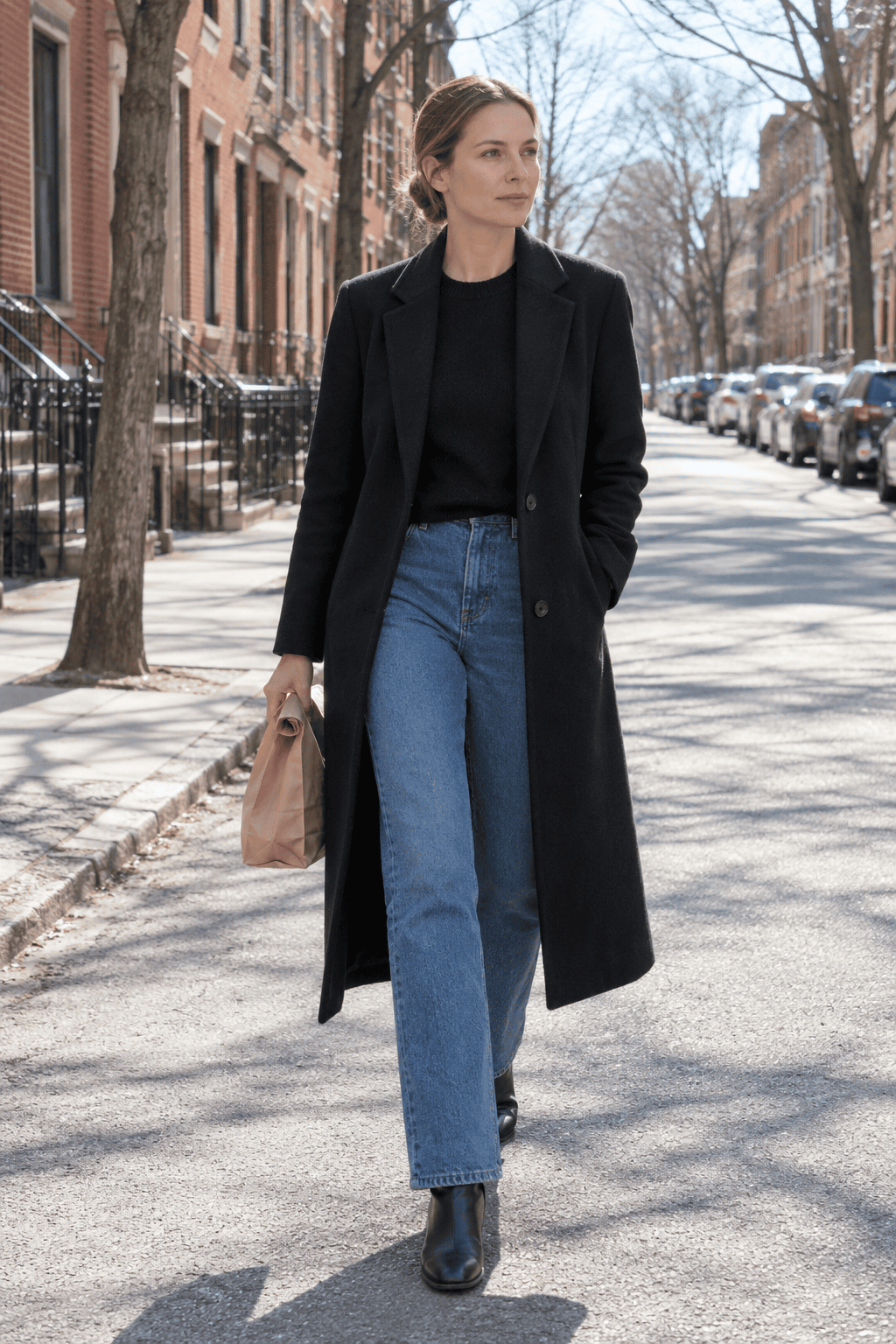 long black coat outfit: tailored black wool coat worn open over a black cashmere crewneck and mid-blue straight jeans on a cold winter street