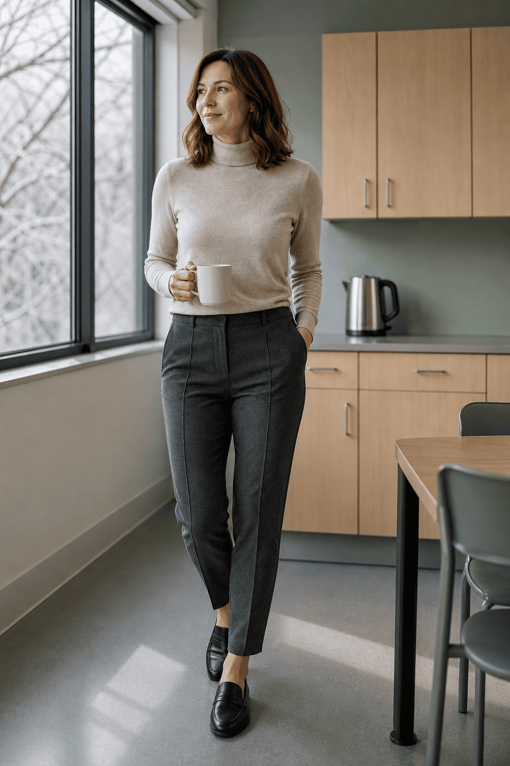 winter teacher outfit: oatmeal merino turtleneck tucked into charcoal ponte trousers with black penny loafers