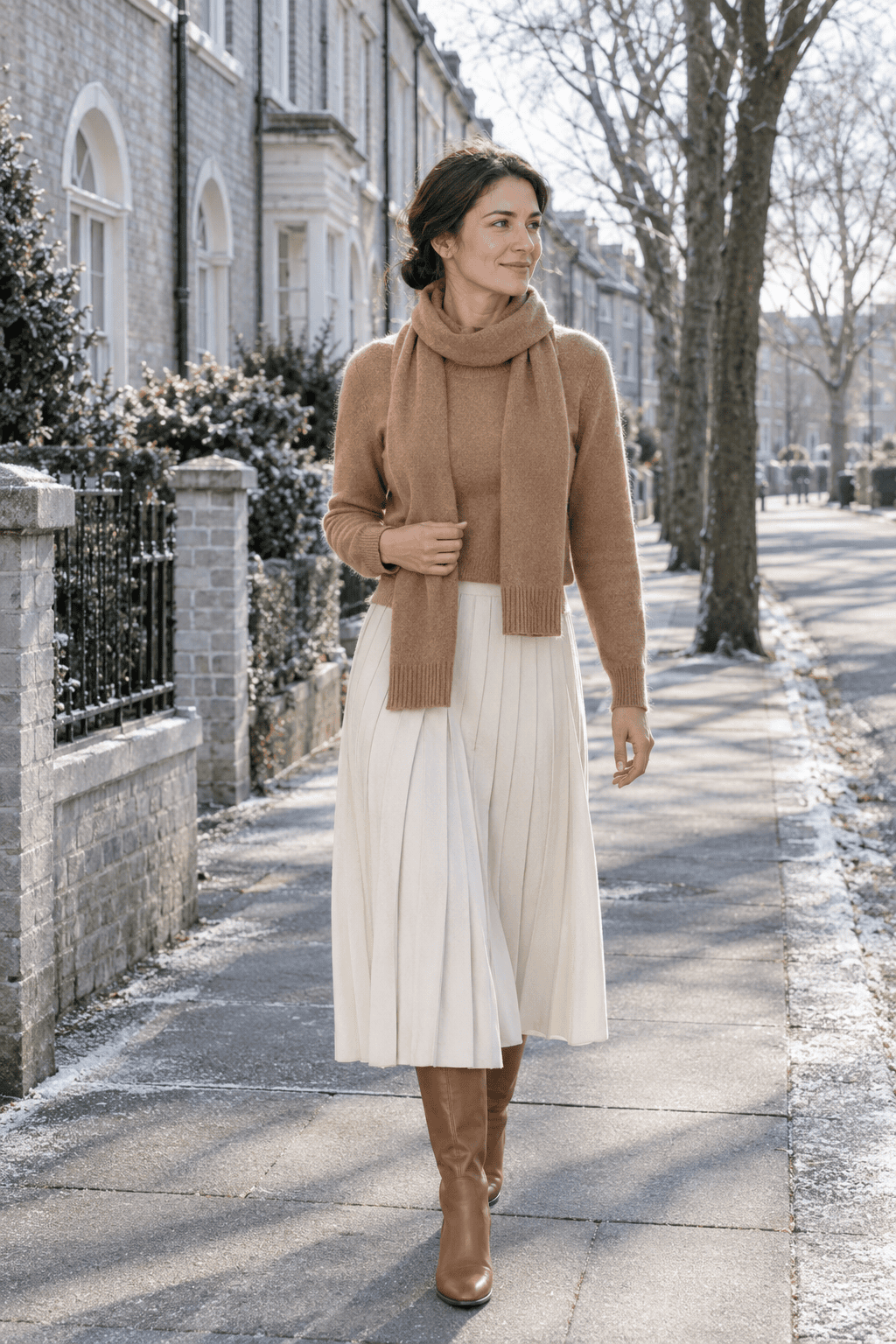 old money winter color combination camel and ivory: camel cashmere crewneck and scarf, ivory pleated midi skirt and tan tall boots