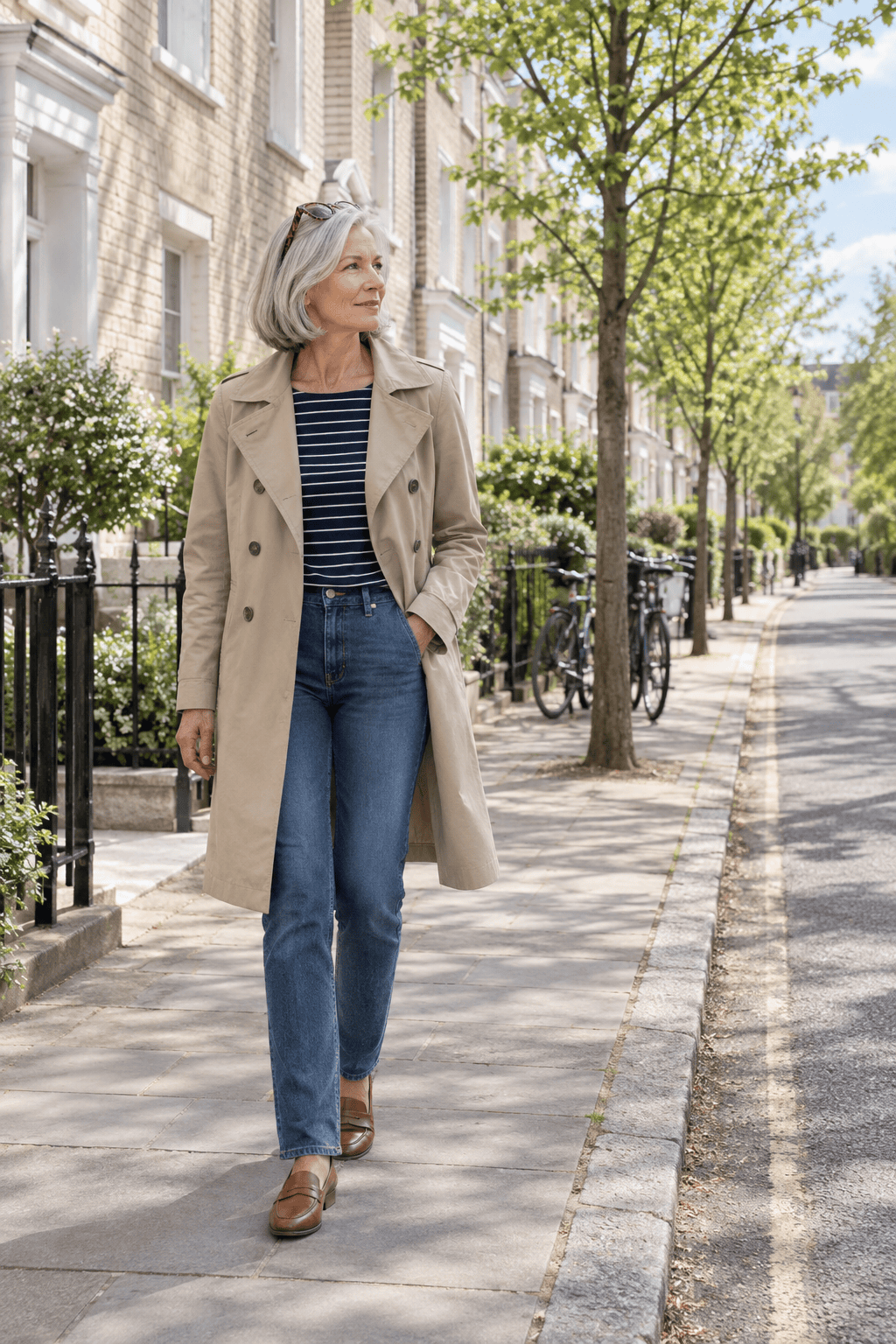 spring outfit for women over 60: light khaki trench coat worn open over a navy and ivory Breton tee, mid-blue straight jeans and tan penny loafers