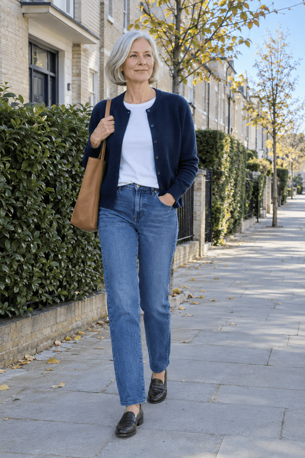how to style a cardigan over 60: navy cashmere crewneck cardigan worn open with mid-blue straight jeans and dark chocolate penny loafers