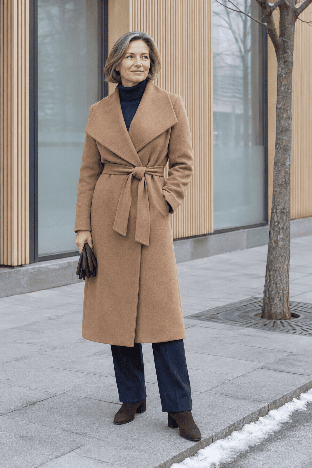 elegant winter outfit for women over 50: camel wrap coat tied at the waist over a navy turtleneck, navy straight trousers and chocolate ankle boots