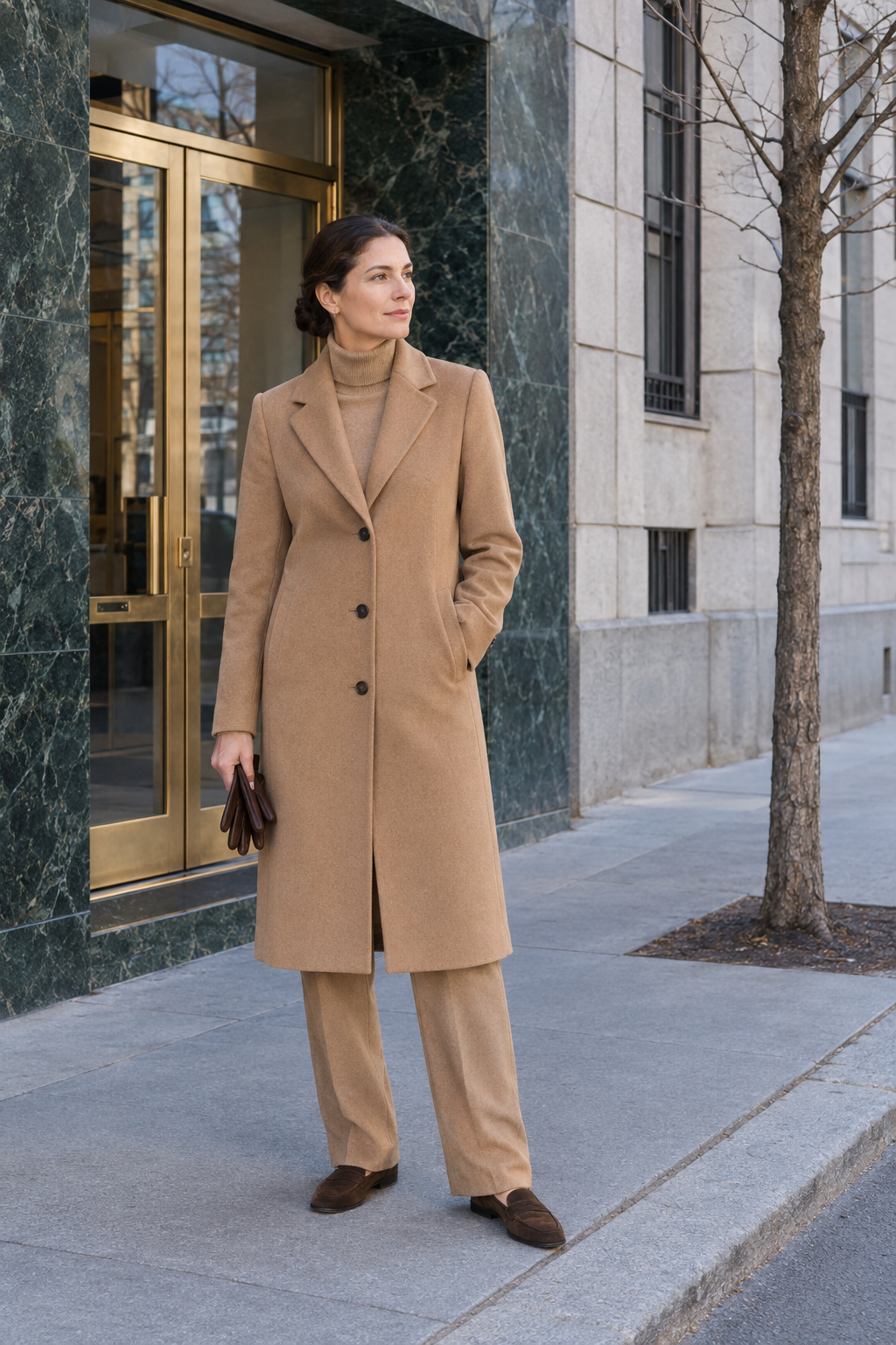 italian old money winter outfit: camel single-breasted topcoat, camel cashmere turtleneck, camel straight wool trousers and dark brown suede penny loafers