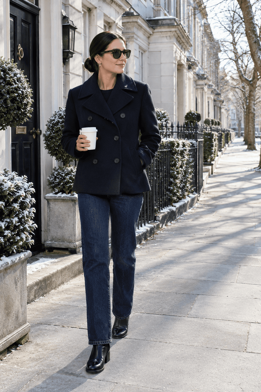 how to look elegant in winter: woman in a buttoned navy wool coat over indigo jeans and black leather ankle boots on a residential street