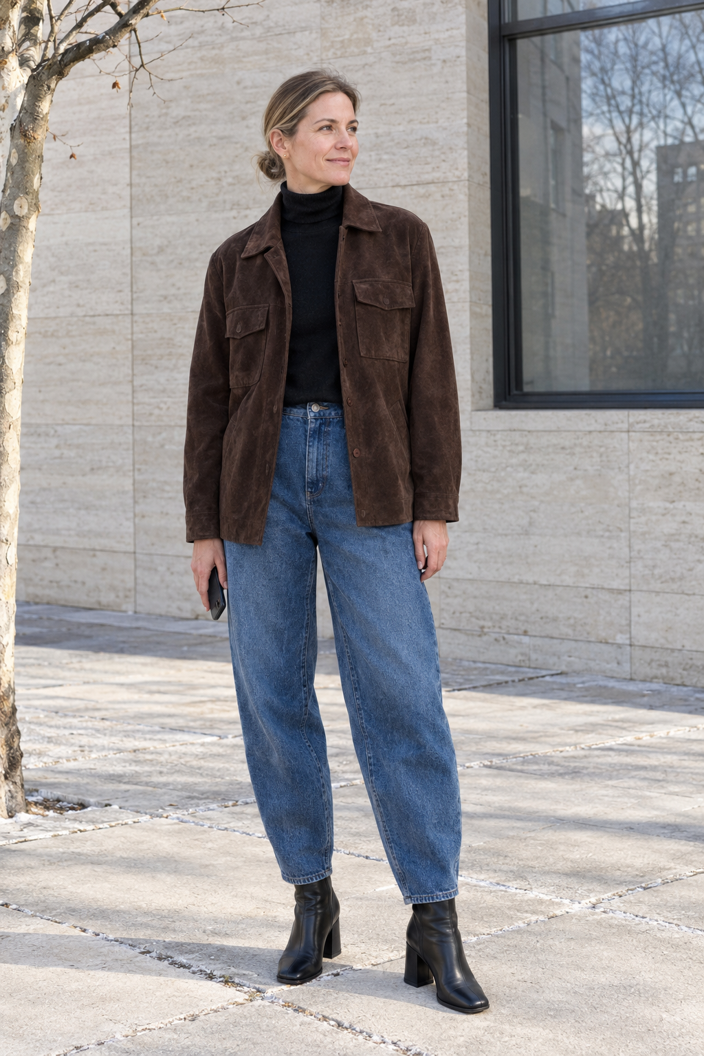 winter outfit for women over 40: chocolate faux suede shirt-jacket, black cashmere turtleneck, mid-blue barrel-leg jeans and black leather ankle boots