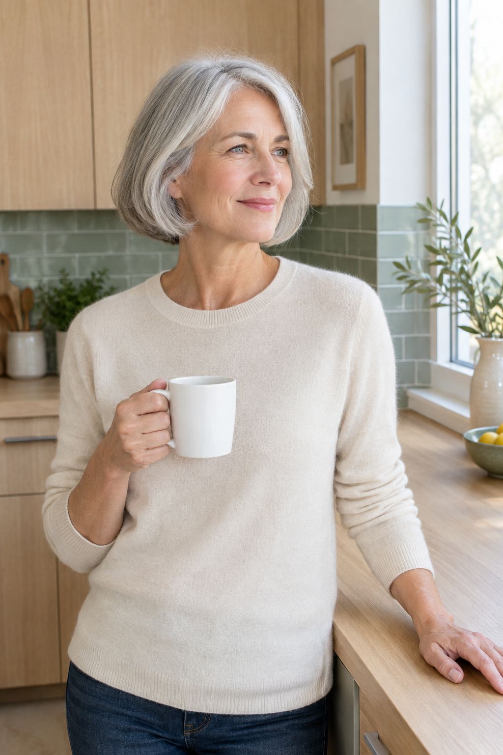 elegant hairstyles for women over 60: soft chin-length silver bob with gently bent ends