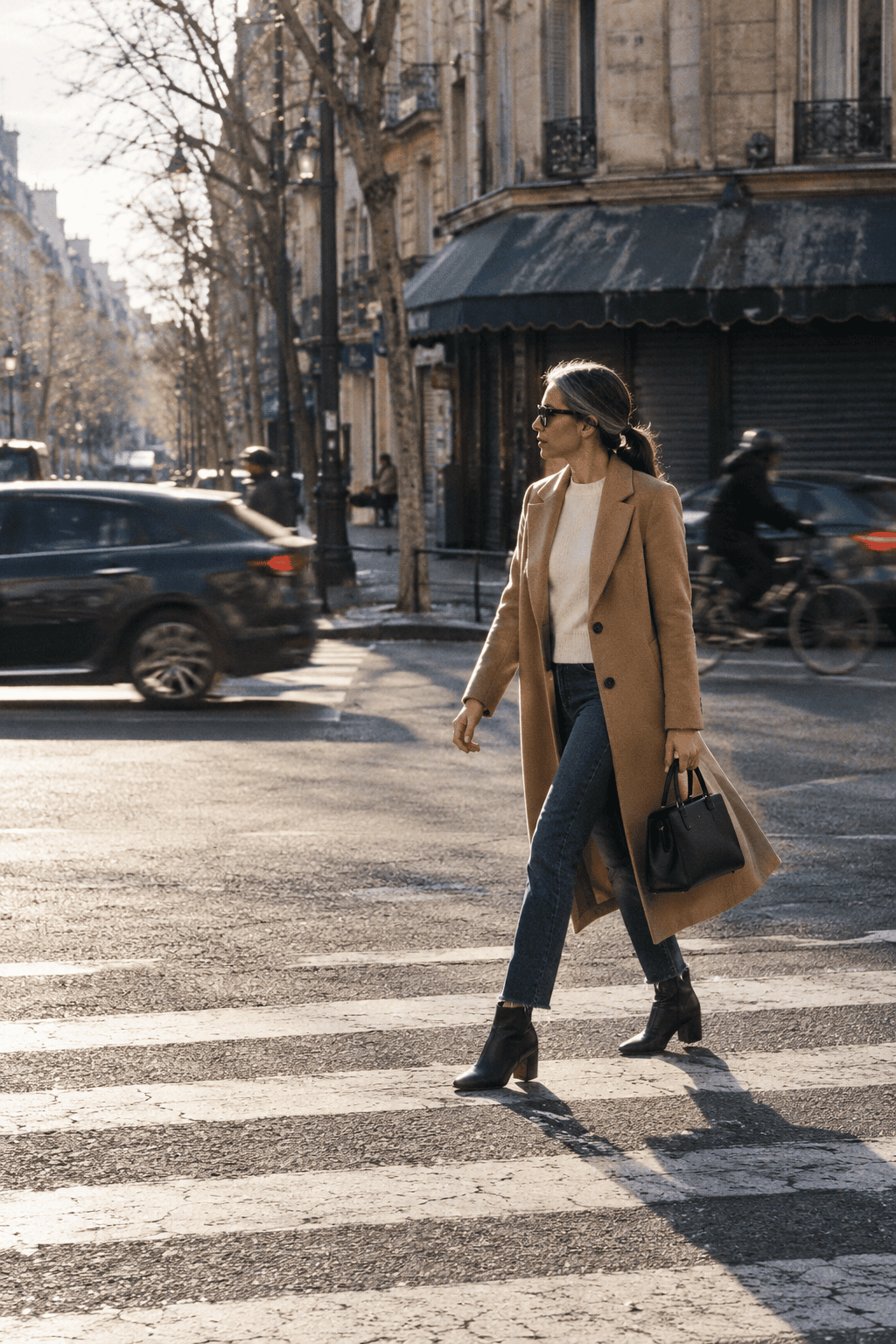 2027 capsule wardrobe outfit: camel wool-blend topcoat, ivory cashmere crewneck, dark indigo jeans and black ankle boots