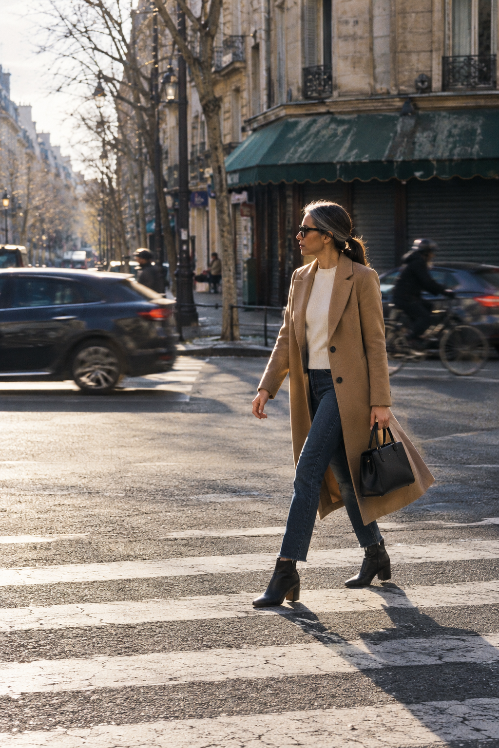 2027 capsule wardrobe outfit: camel wool-blend topcoat, ivory cashmere crewneck, dark indigo jeans and black ankle boots