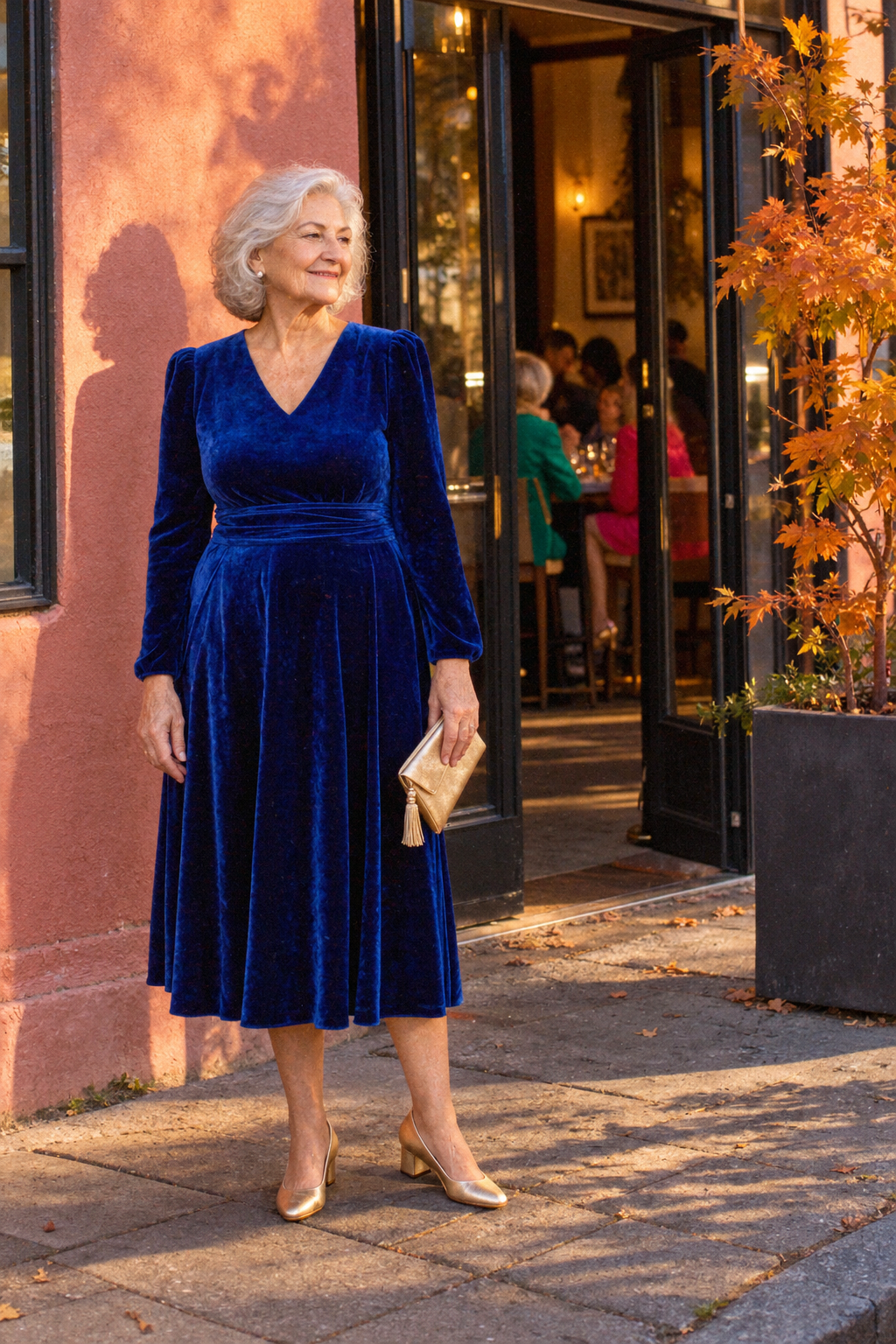 milestone birthday outfit for a woman in her 70s: sapphire blue velvet long-sleeve midi dress with soft gold block-heel pumps and a champagne satin clutch