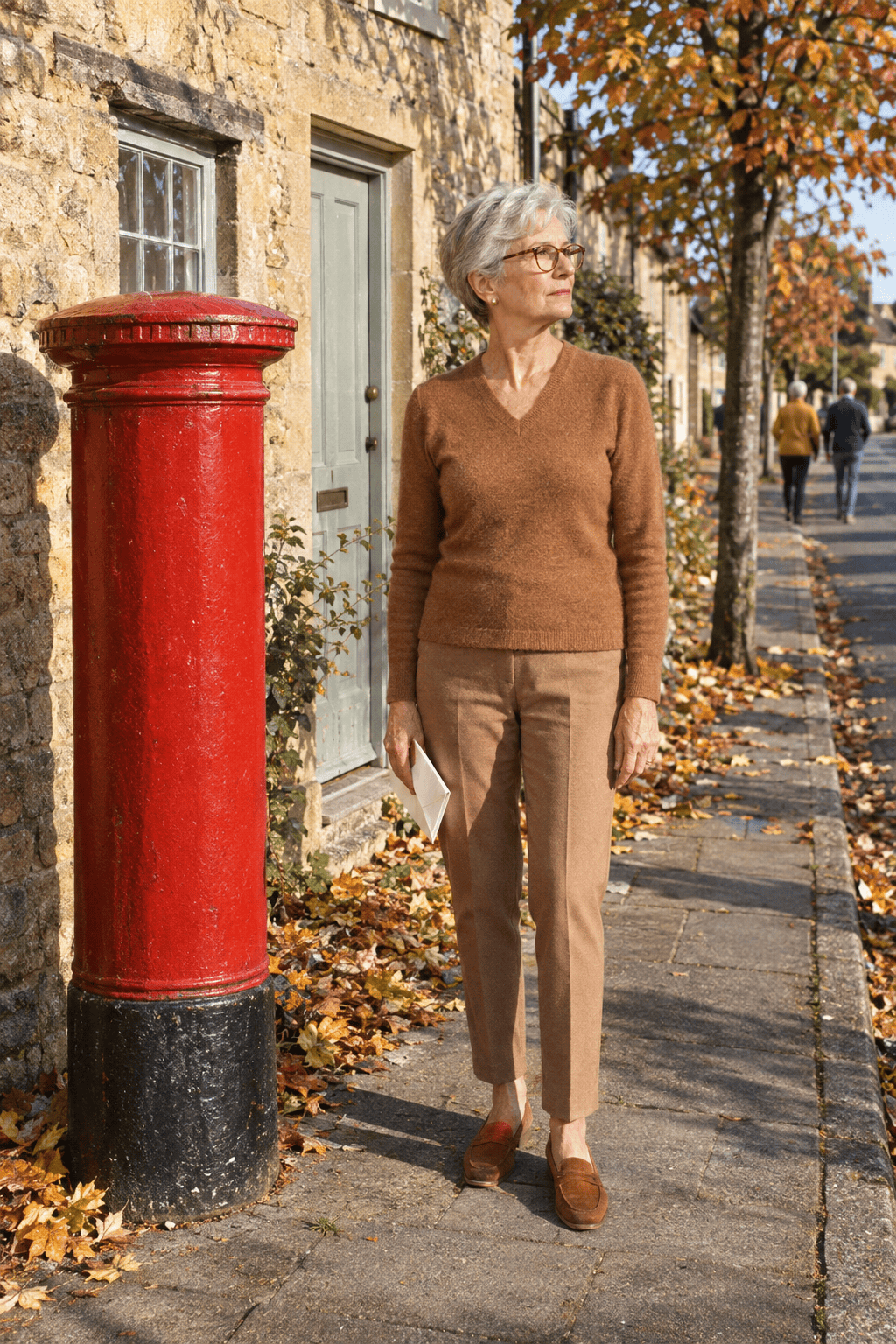 petite outfit for women in their 70s: ginger cashmere V-neck sweater, pecan ankle trousers and cognac suede loafers