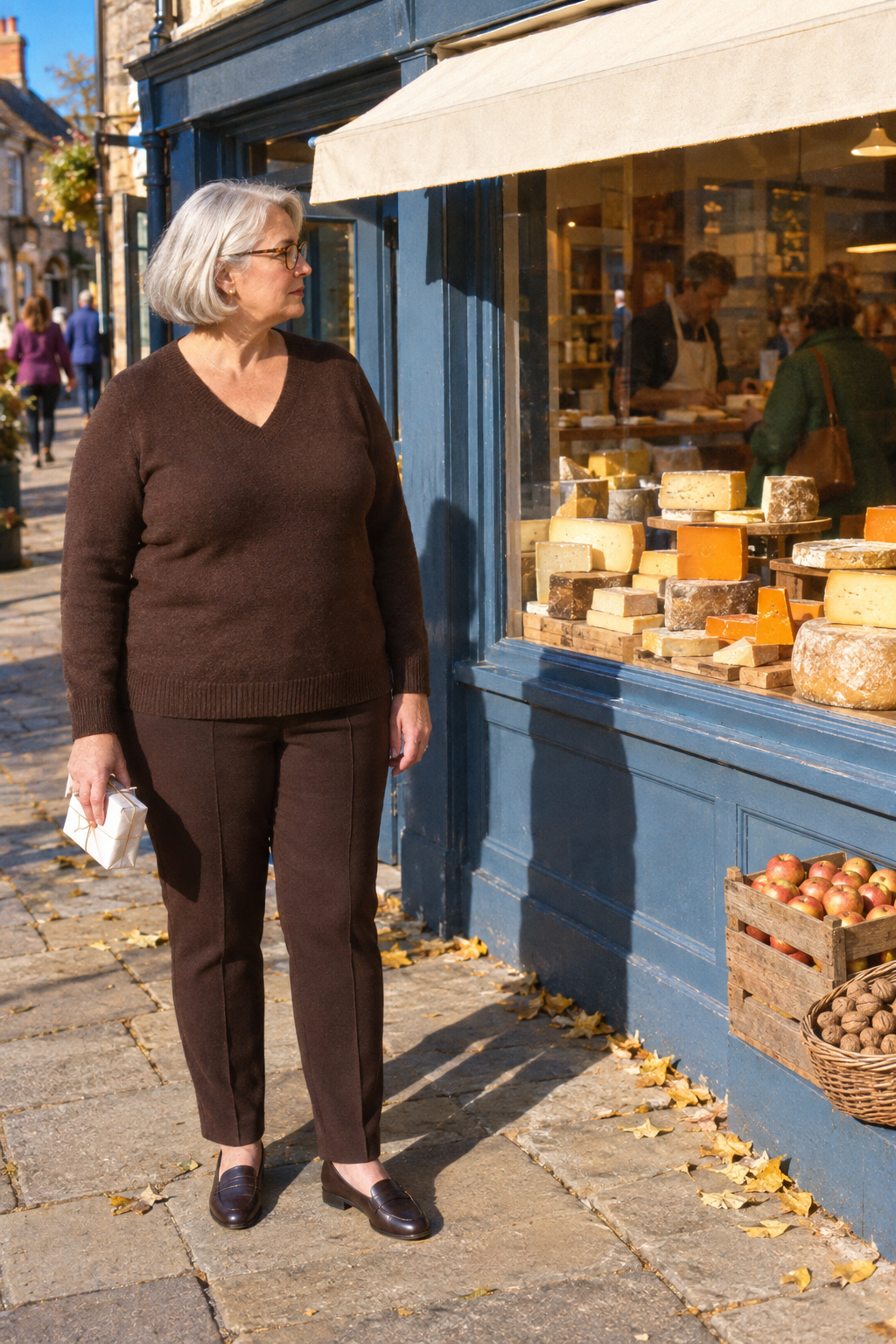 plus size outfit for women in their 70s: chocolate brown V-neck sweater, matching chocolate ponte trousers and dark chocolate leather loafers