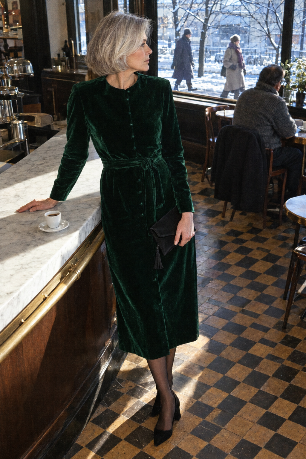 mother of the groom winter wedding outfit: long-sleeve emerald velvet midi dress with black suede block-heel pumps and a black satin clutch