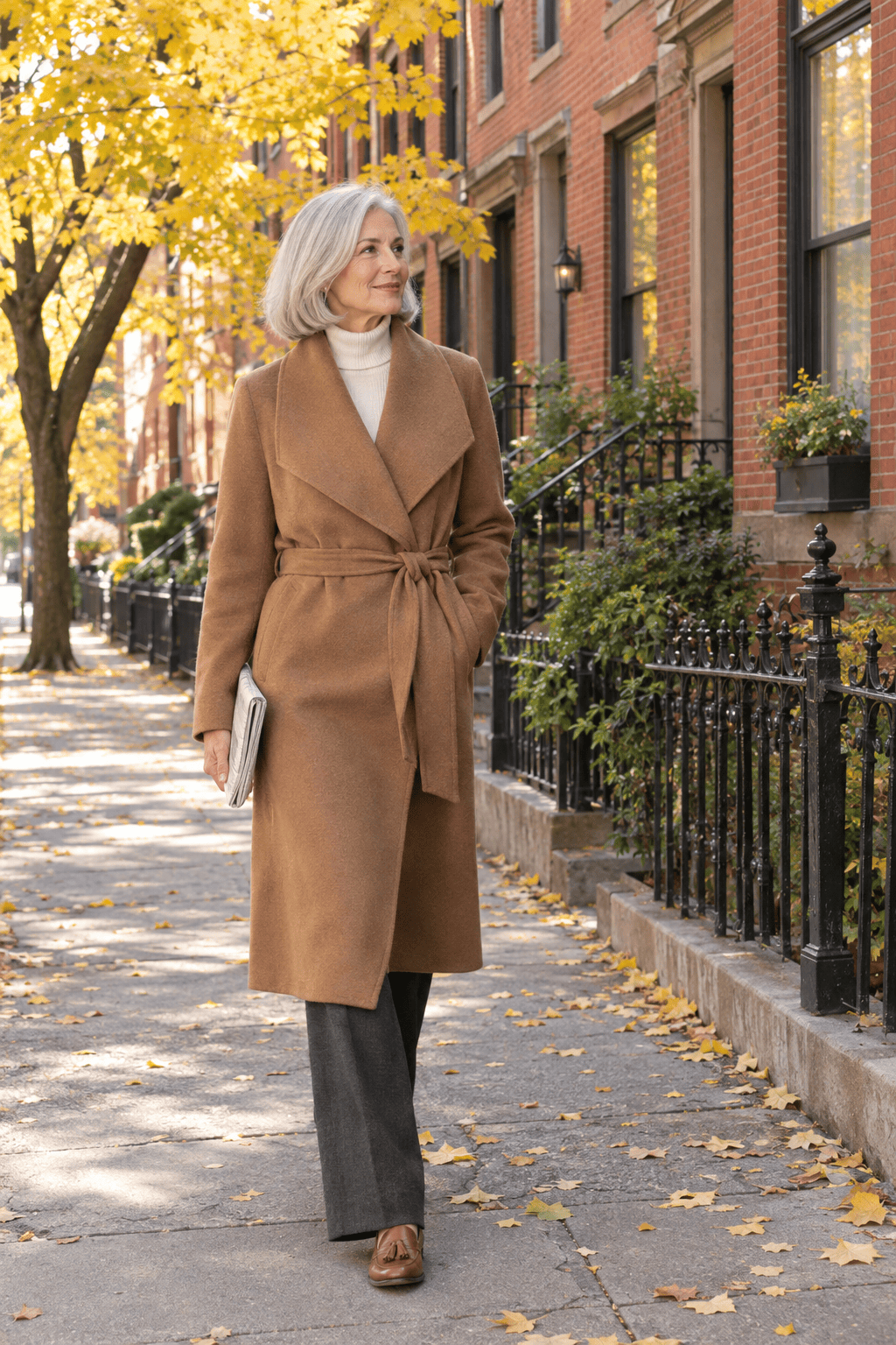 classy outfit for women over 60: camel wrap coat, off-white cashmere turtleneck, charcoal wide-leg trousers and tassel loafers