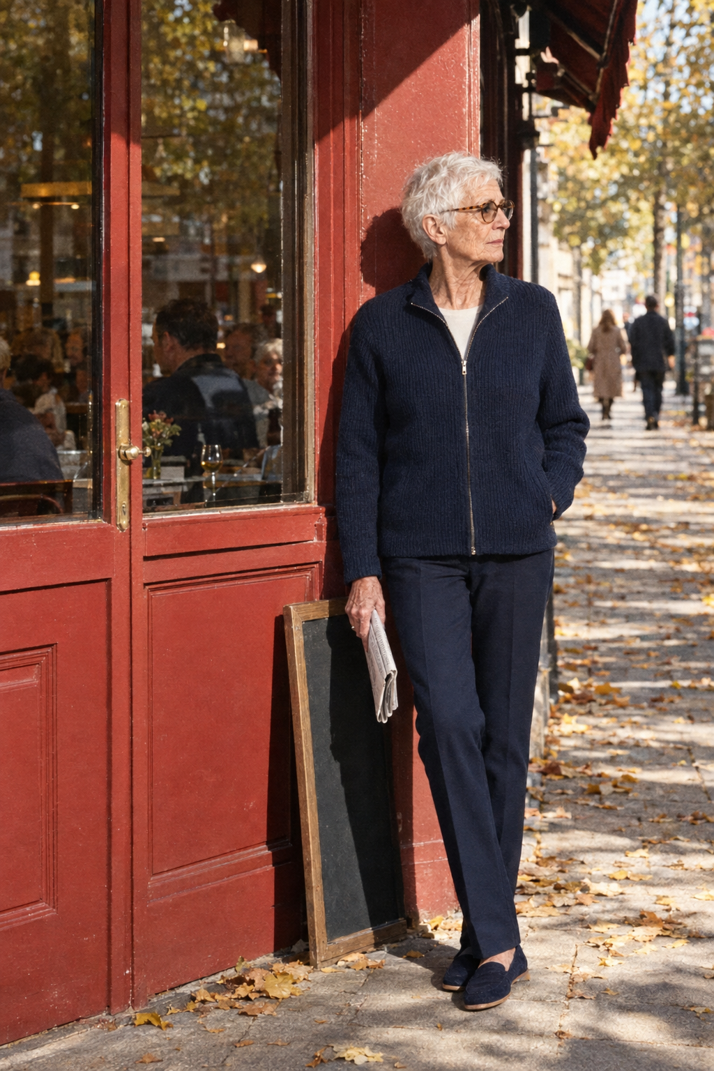 elegant outfit for women in their 80s: navy zip-front knit cardigan, navy pull-on ponte trousers and navy slip-on loafers