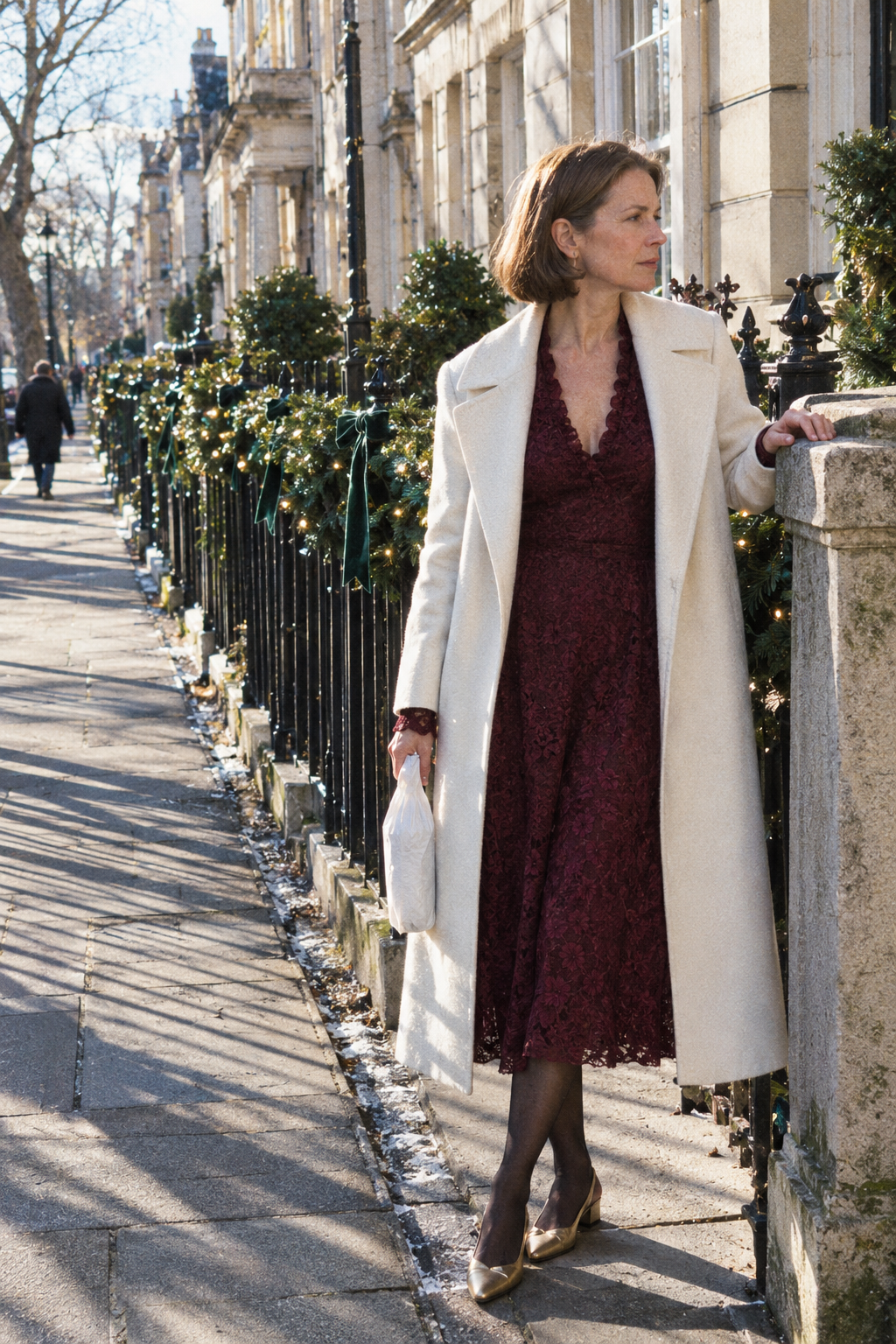 elegant red dress outfit for a Christmas cocktail party: dark cherry lace tea dress with long sleeves under a long ivory wool wrap coat