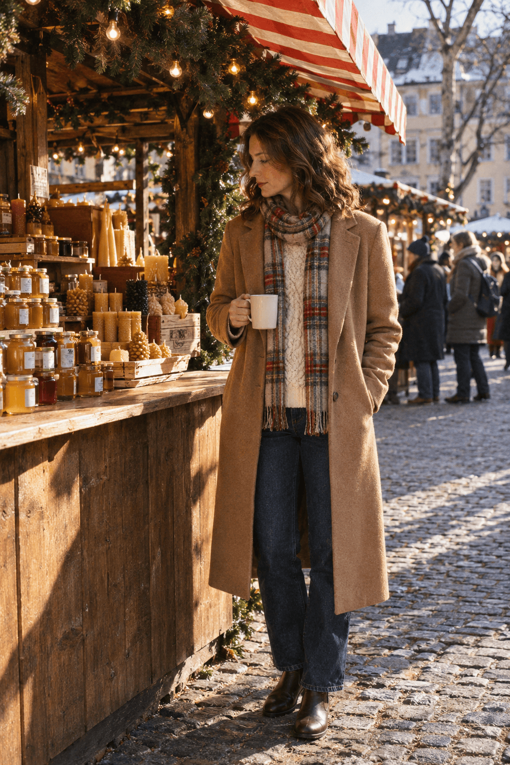 christmas market outfit with a long camel wool coat, cream cable sweater, red tartan scarf, dark jeans and dark brown chelsea boots
