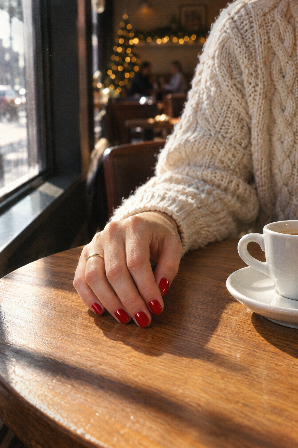 simple Christmas nails on short squoval nails in one glossy coat of bright classic red