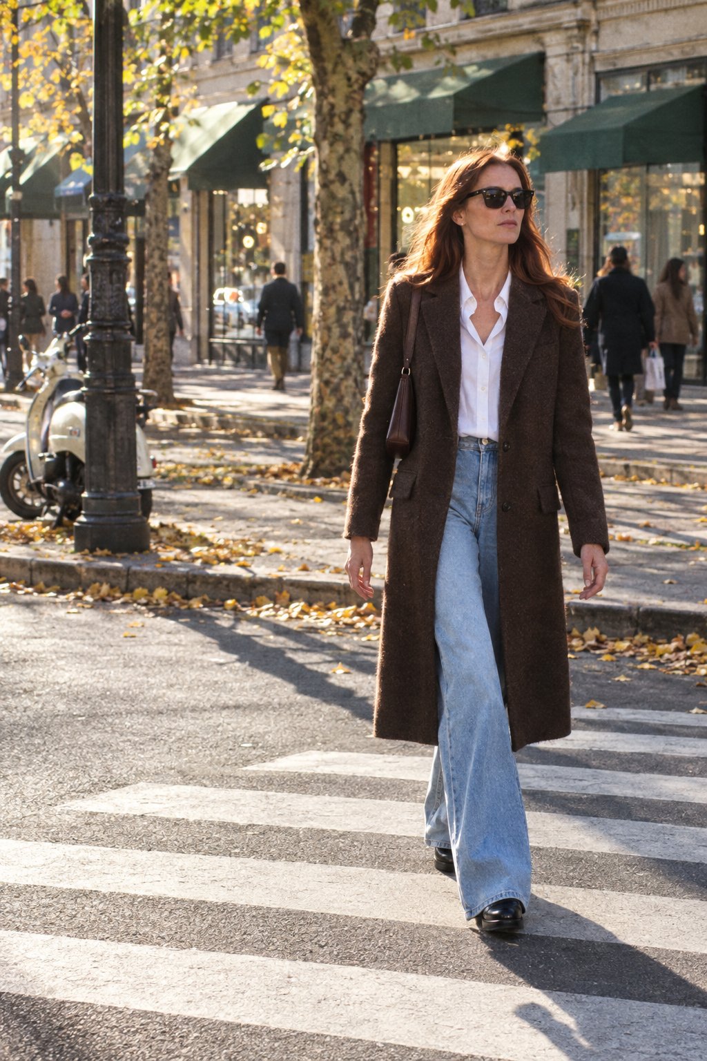 Is Massimo Dutti a luxury brand: woman in a tailored brown wool coat on a city street in fall