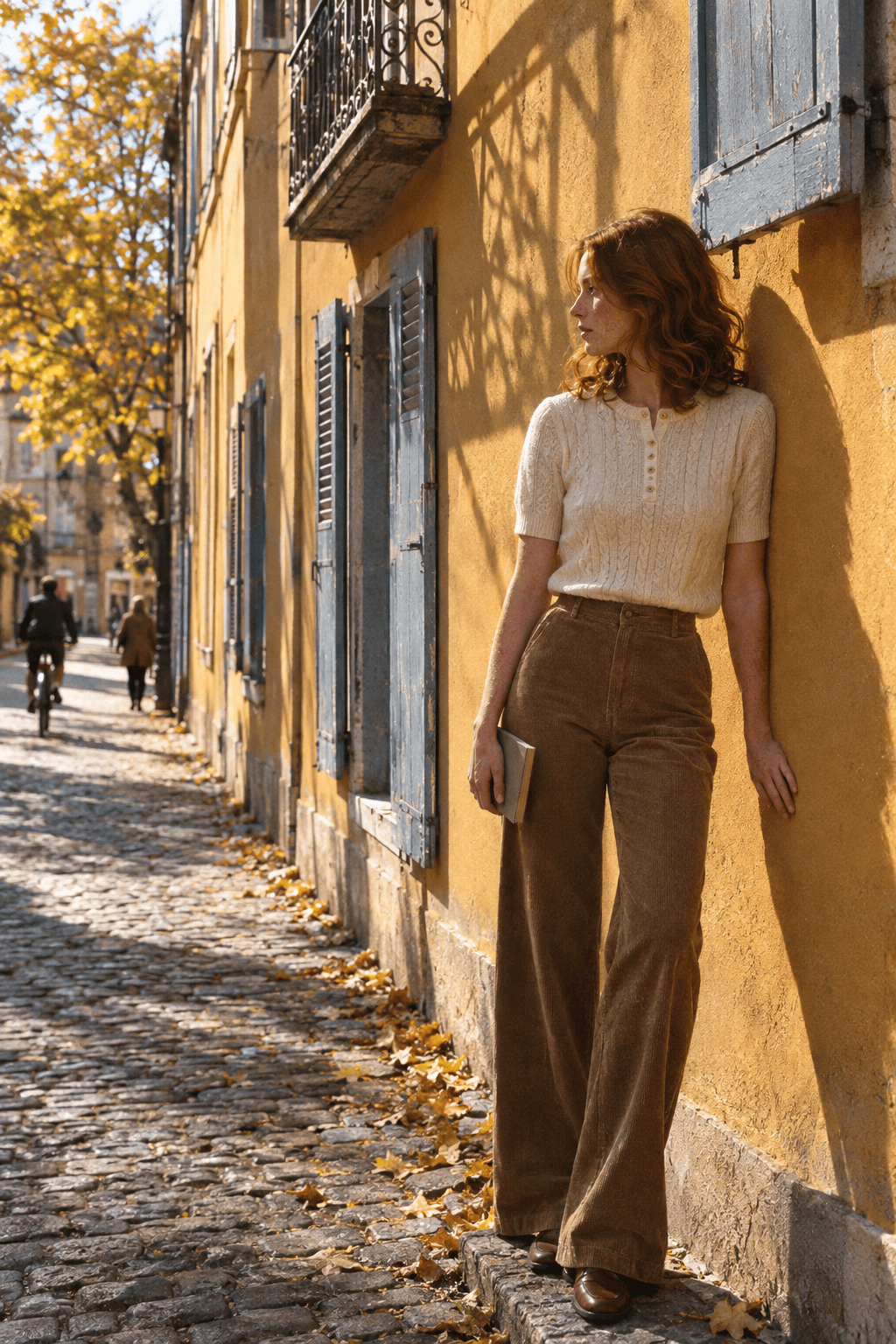 Old money brands for women: Ralph Lauren cream cable-knit sweater and camel corduroy trousers